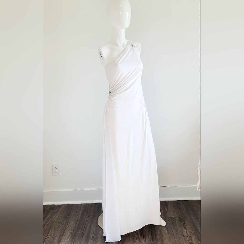 Nude White One Shoulder Crystal Sequin Evening Wedding Prom Bridal Gown Sz 8